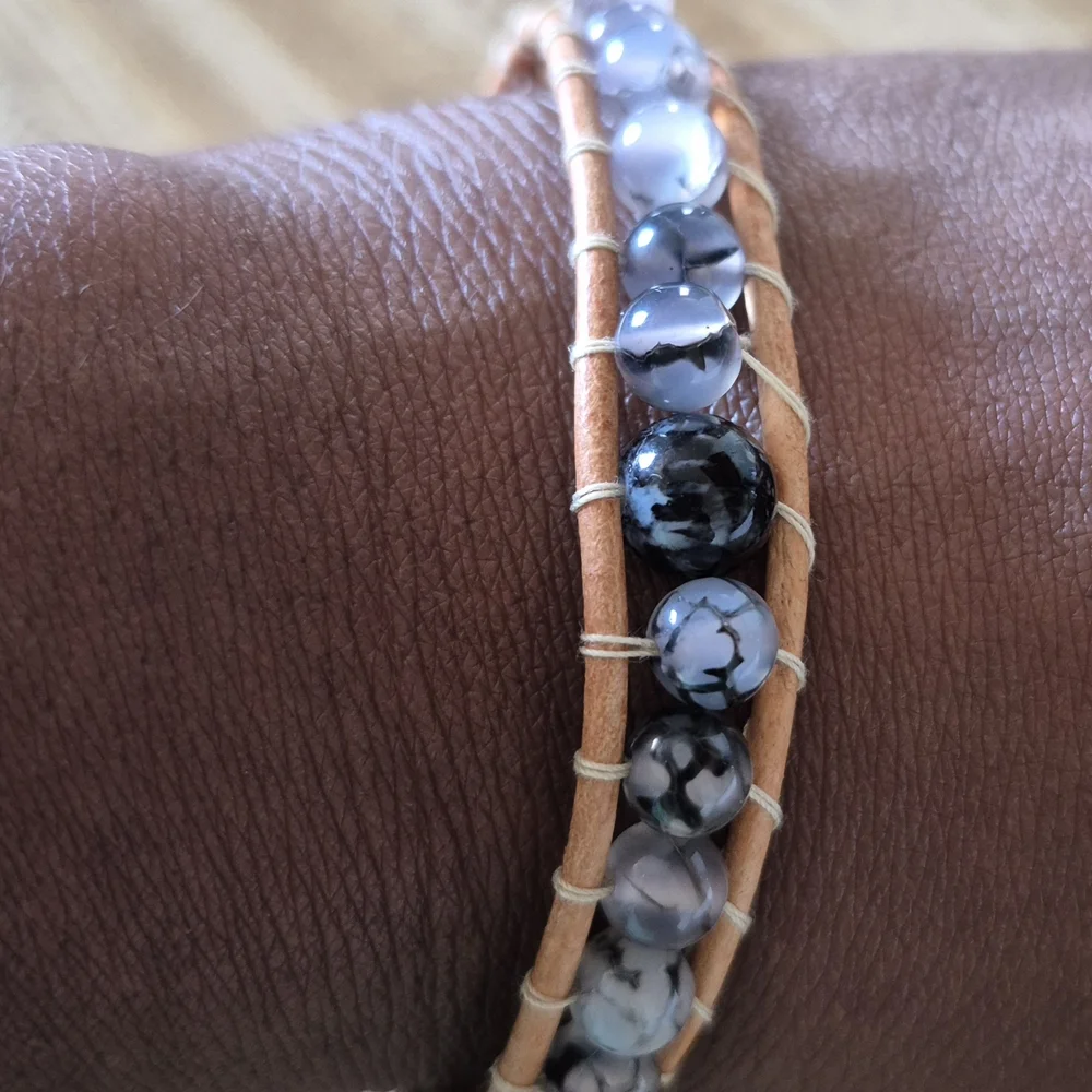 Handmade Leather Braclet With Black Dragon Vein Agate! - Picture 5 of 7